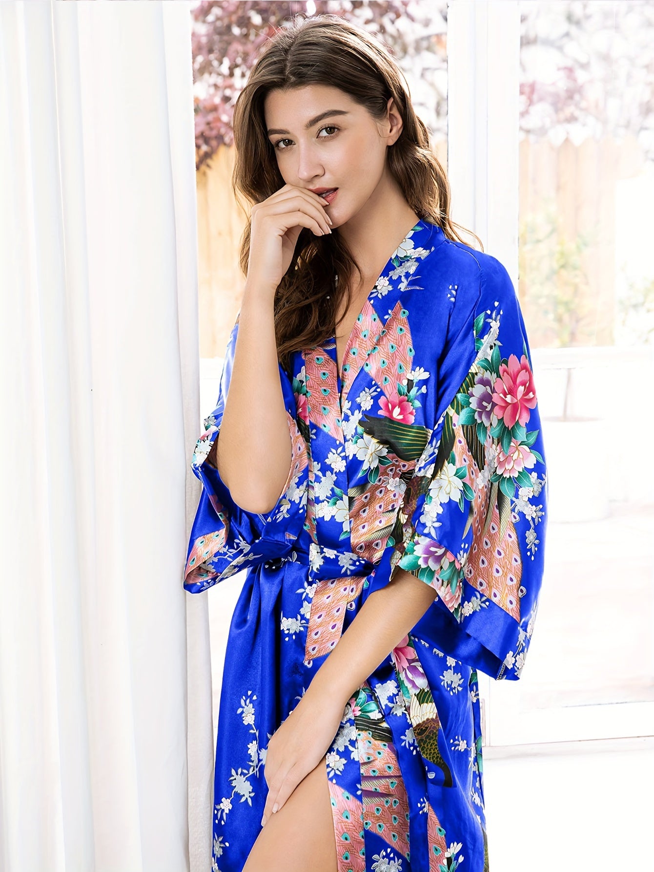 Women's Kimono Robe Long Satin Robes with Peacock/Blossoms Kimono Gown