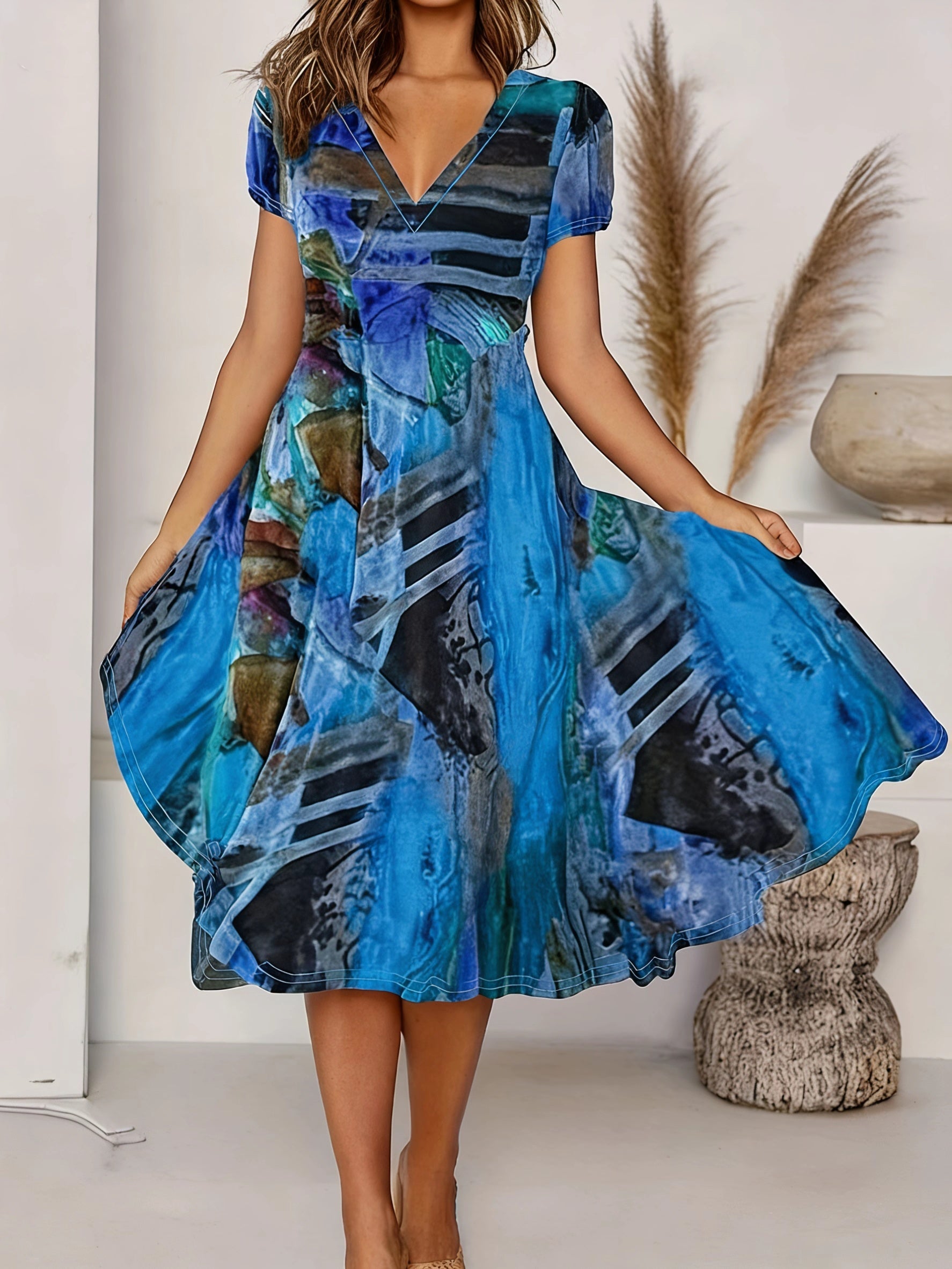 Women's Bohemian V-Neck Short Sleeve A-Line Dress