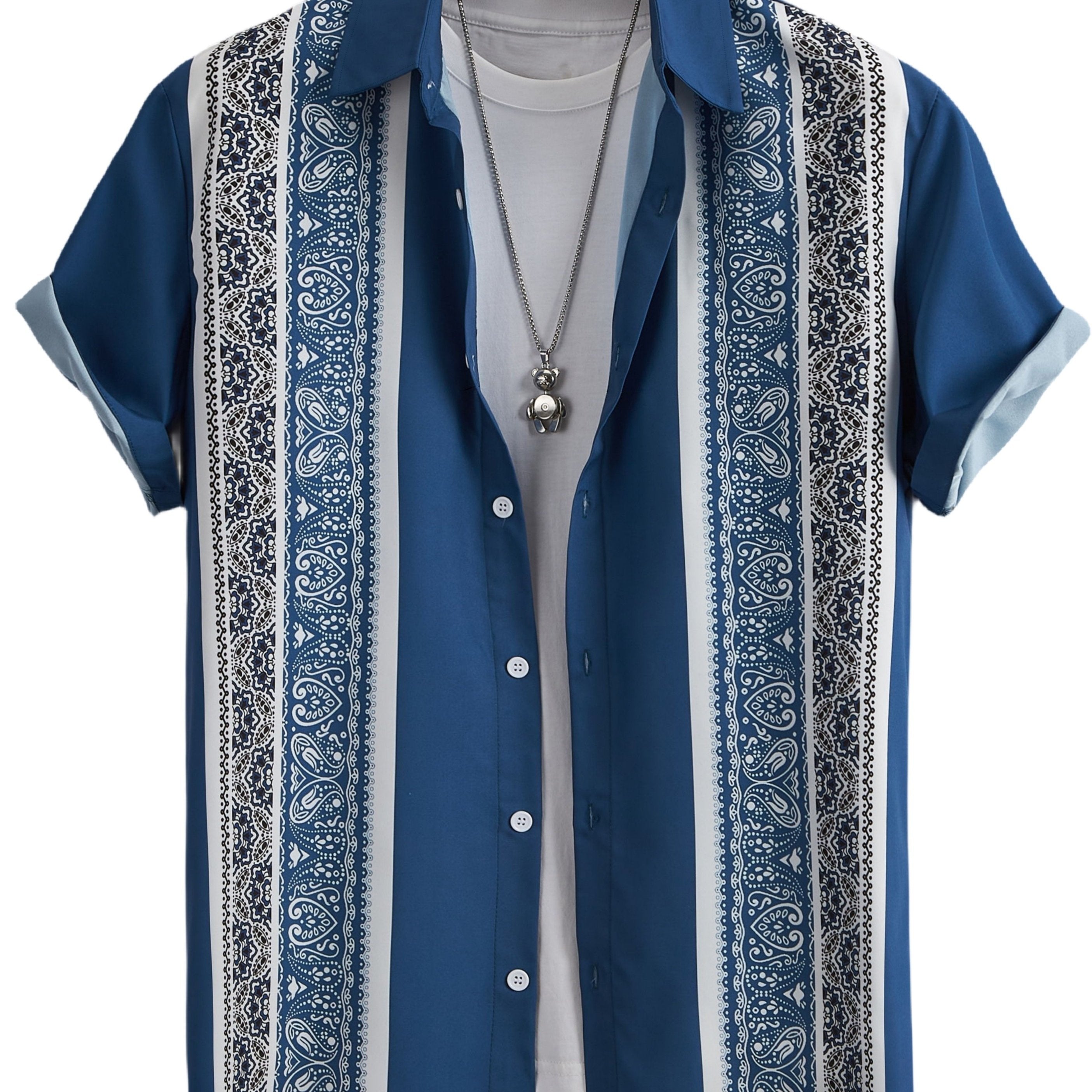 Bohemian Stripe Pattern, Men's Color Block Short Sleeve Lapel Shirt