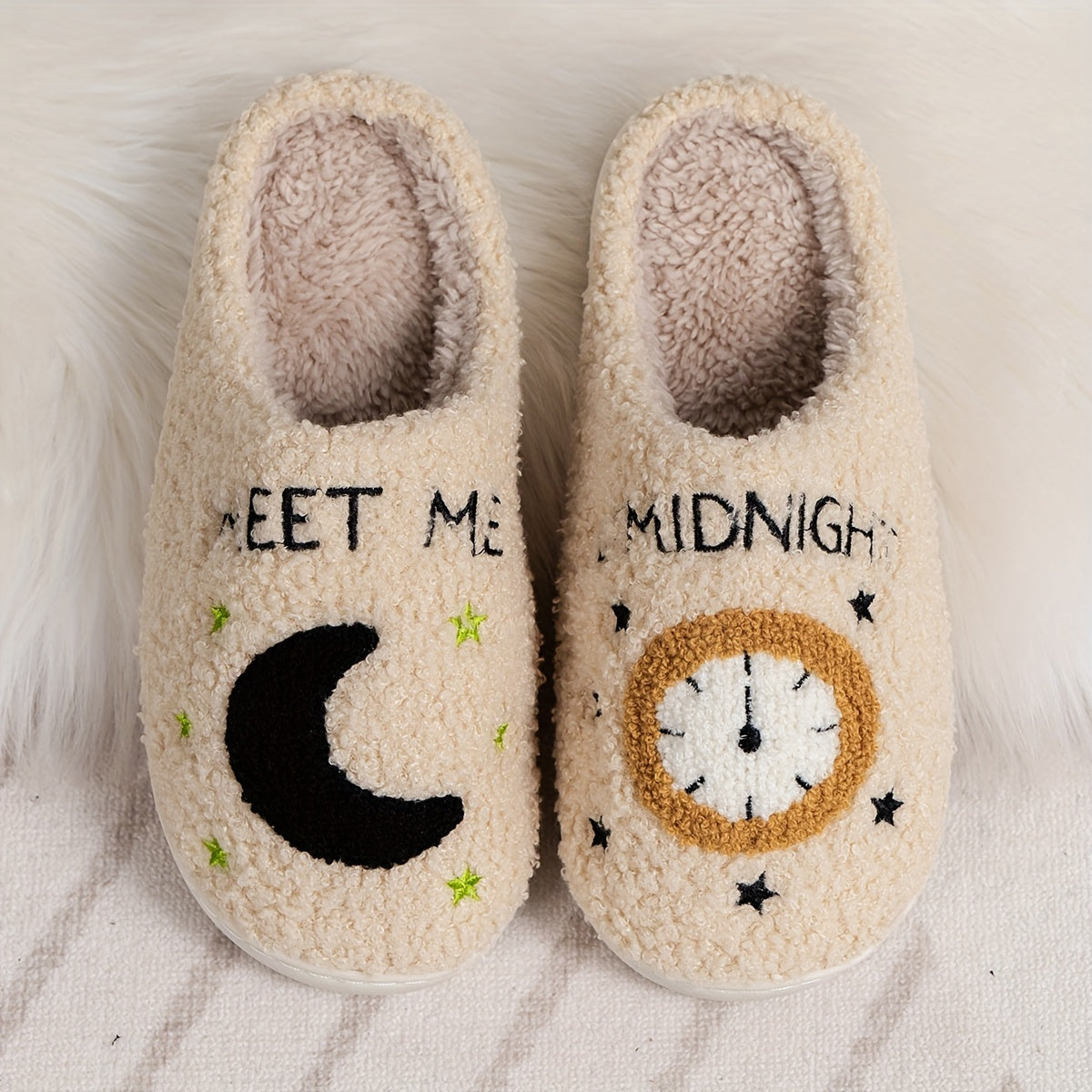 Cozy Women's Midnight Moon Clock Closed Toe Fuzzy Slippers