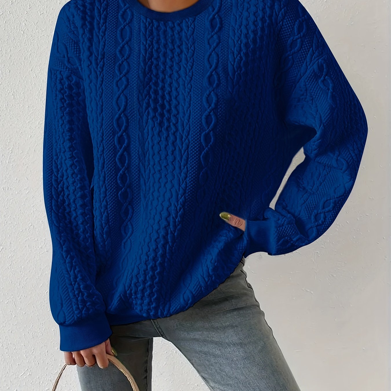 Loose Fit Women's Casual Textured Round Neck Pullover Sweatshirt
