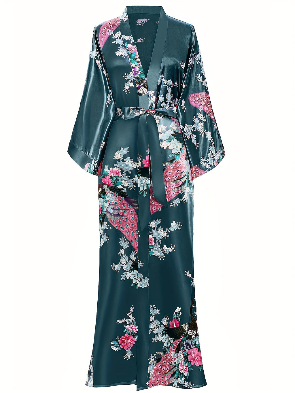 Women's Kimono Robe Long Satin Robes with Peacock/Blossoms Kimono Gown