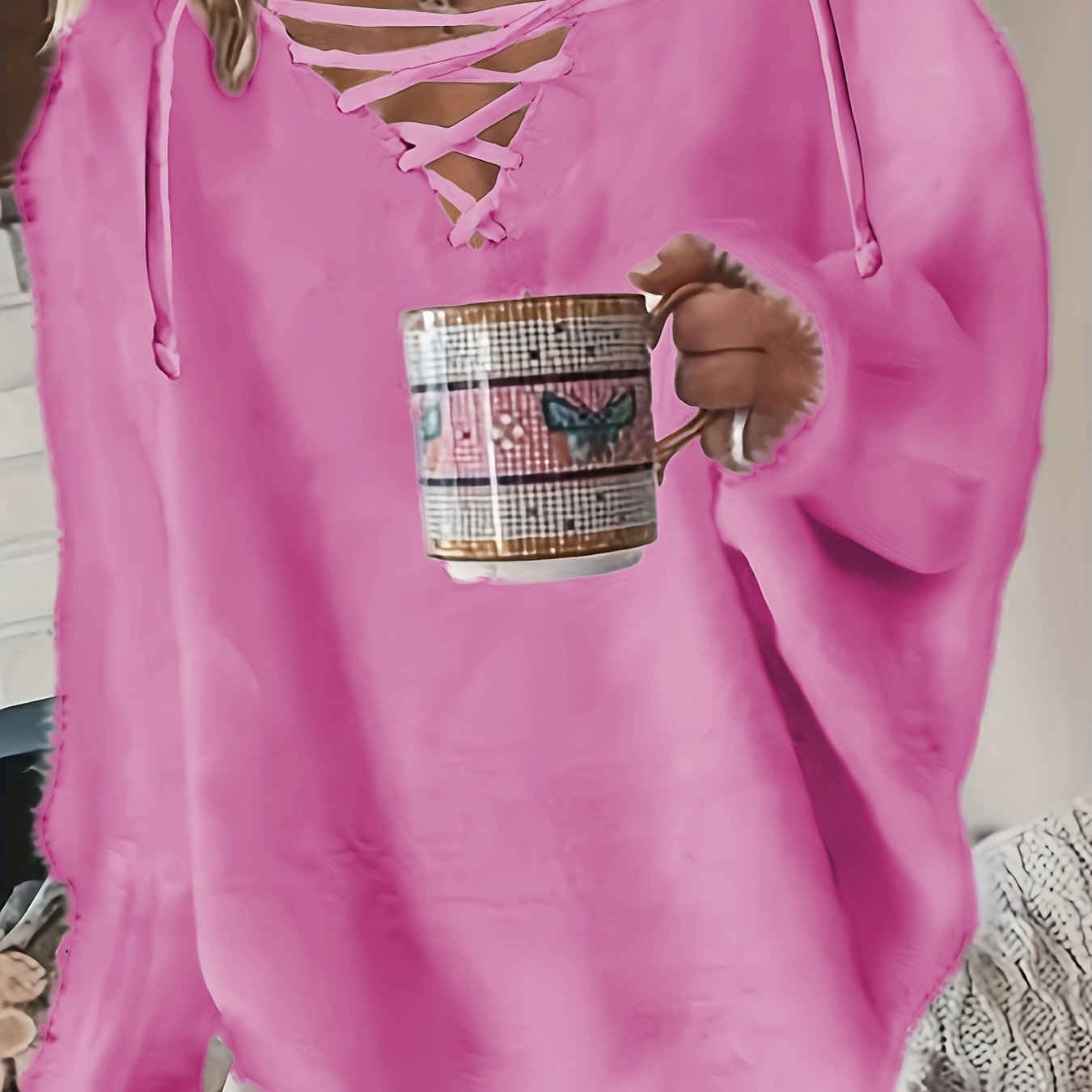 Women's Plus Size Casual V-Neck Knit Sweater with Batwing Sleeves