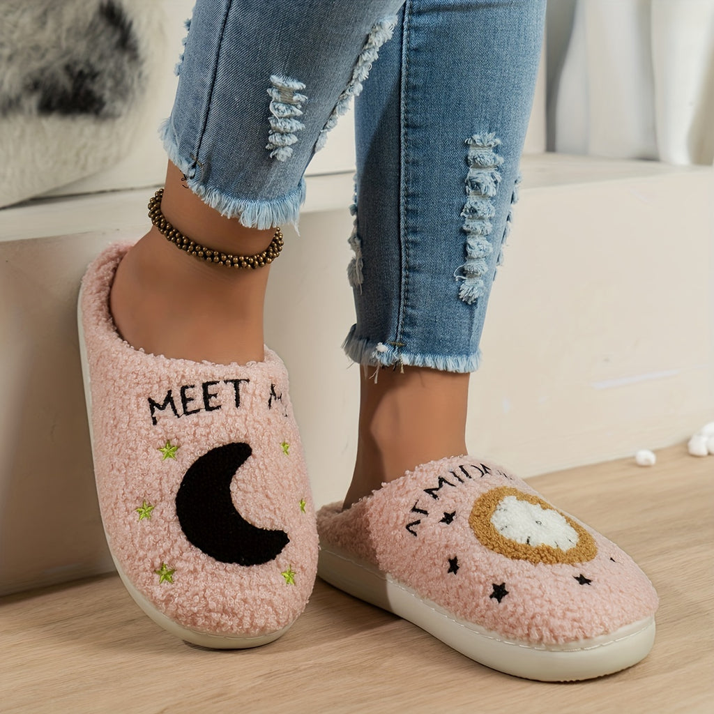 Cozy Women's Midnight Moon Clock Closed Toe Fuzzy Slippers