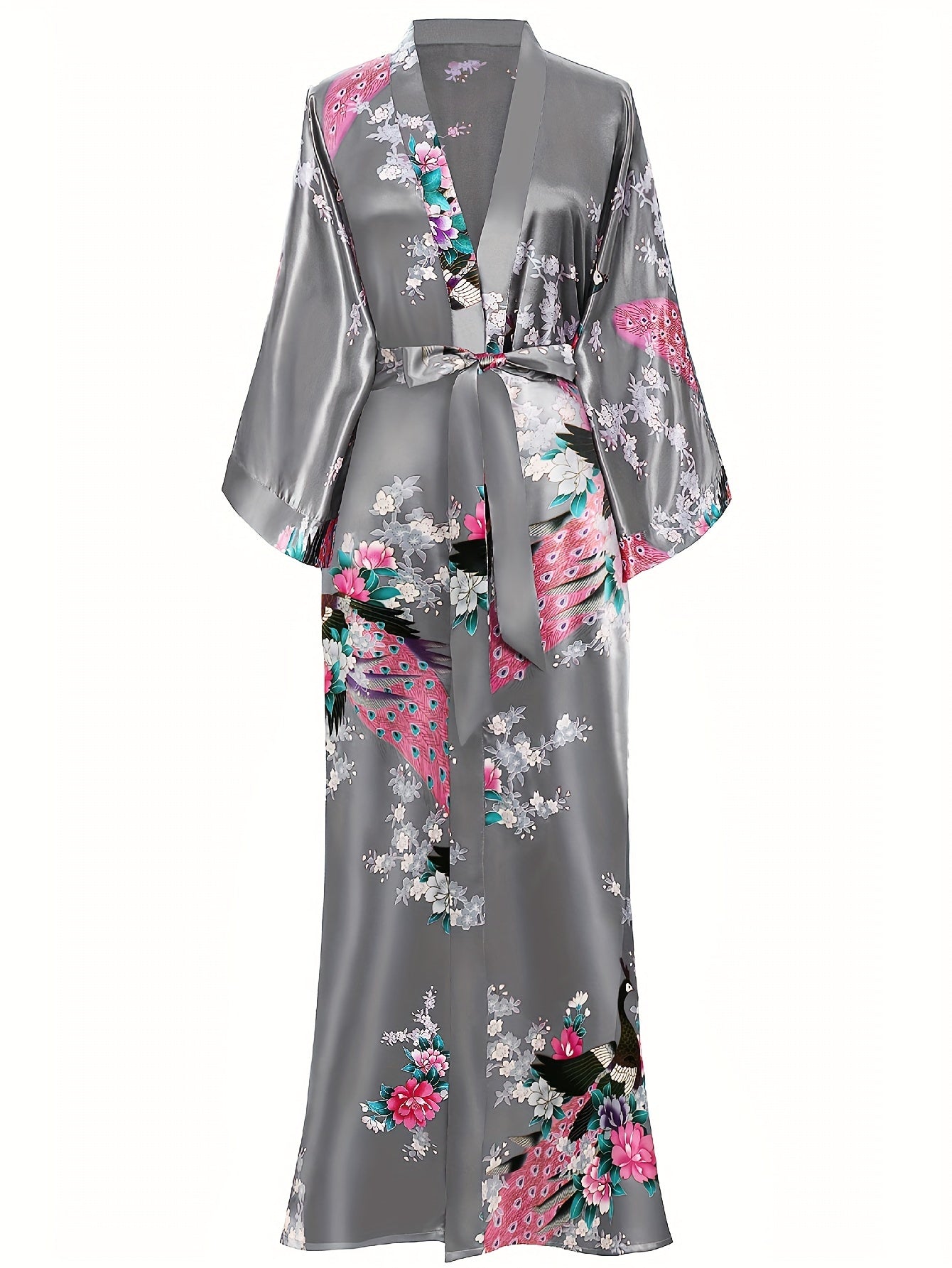 Women's Kimono Robe Long Satin Robes with Peacock/Blossoms Kimono Gown