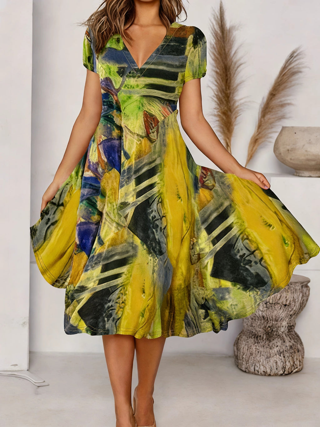 Women's Bohemian V-Neck Short Sleeve A-Line Dress