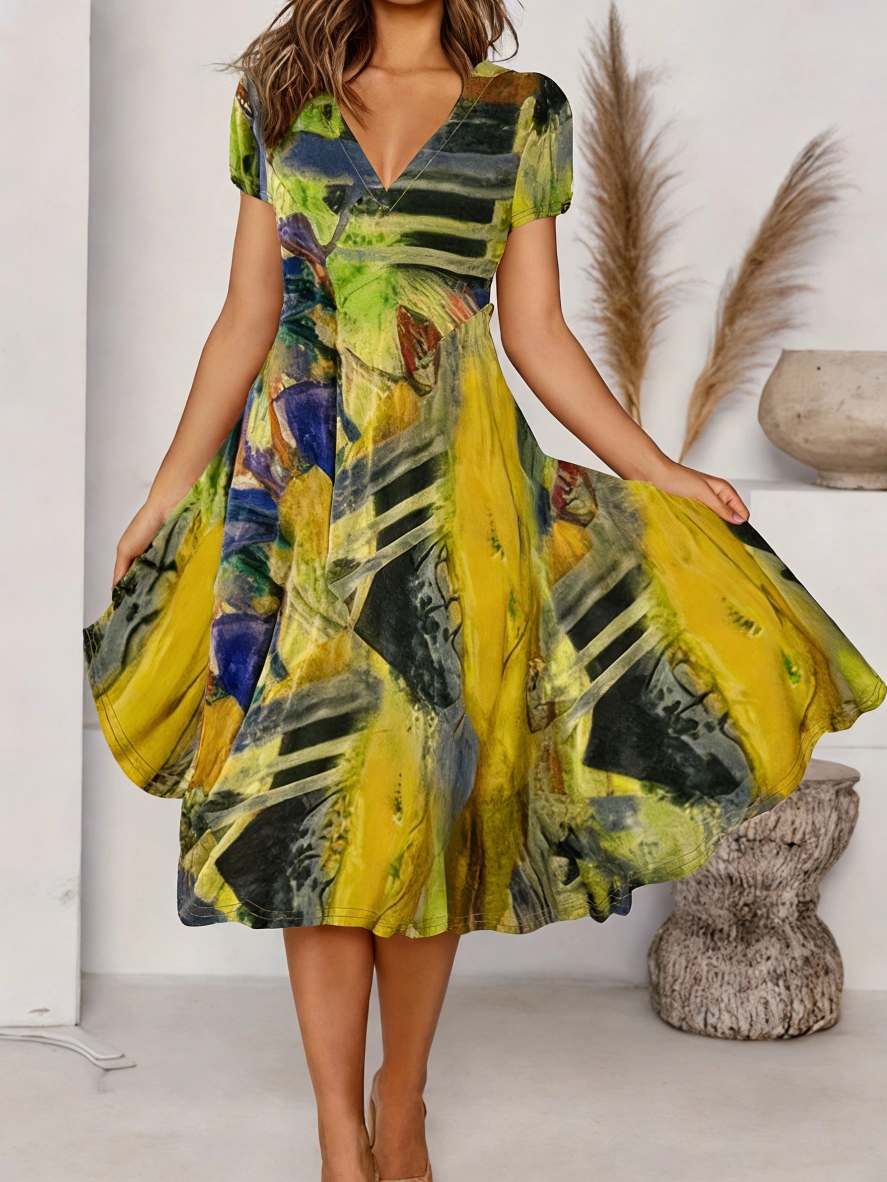 Women's Bohemian V-Neck Short Sleeve A-Line Dress