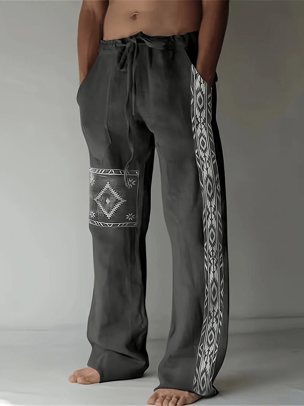 Men's Tribal Print Pants - Dark Grey Casual Trousers with Drawstring Waist
