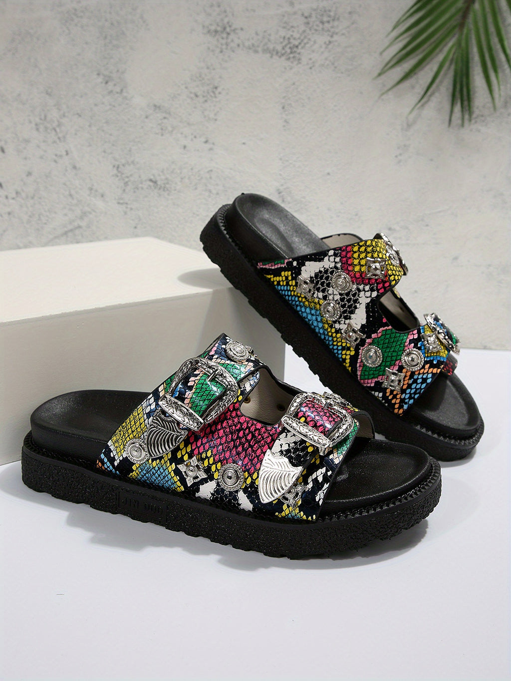 Women's Round-Toe Mule Fashion Double Buckle Platform