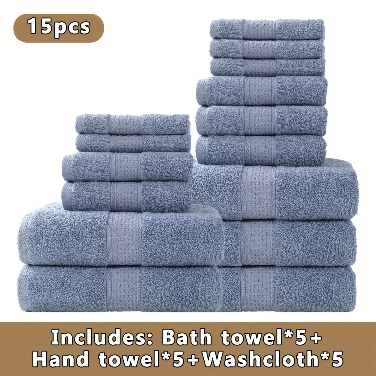 15pcs 100% Cotton Bath Towel Set, 5 Bath Towels 5 Hand Towels 5 Washcloths