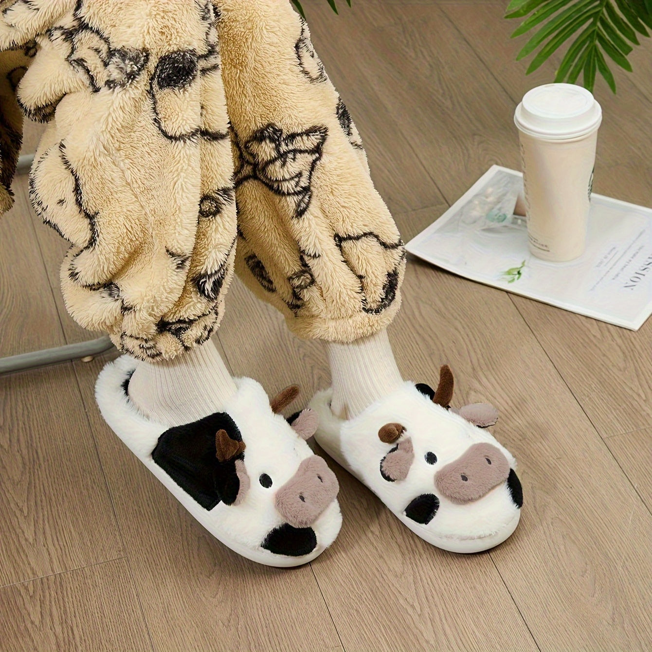 Cozy Home Cute Cartoon Cow Plush Half- Slippers