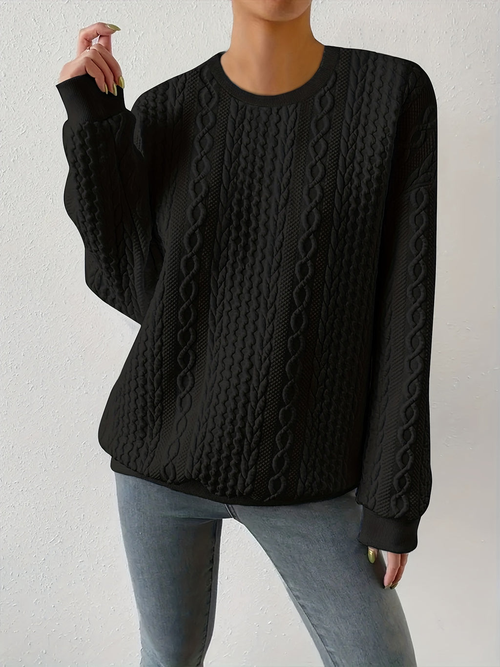 Loose Fit Women's Casual Textured Round Neck Pullover Sweatshirt