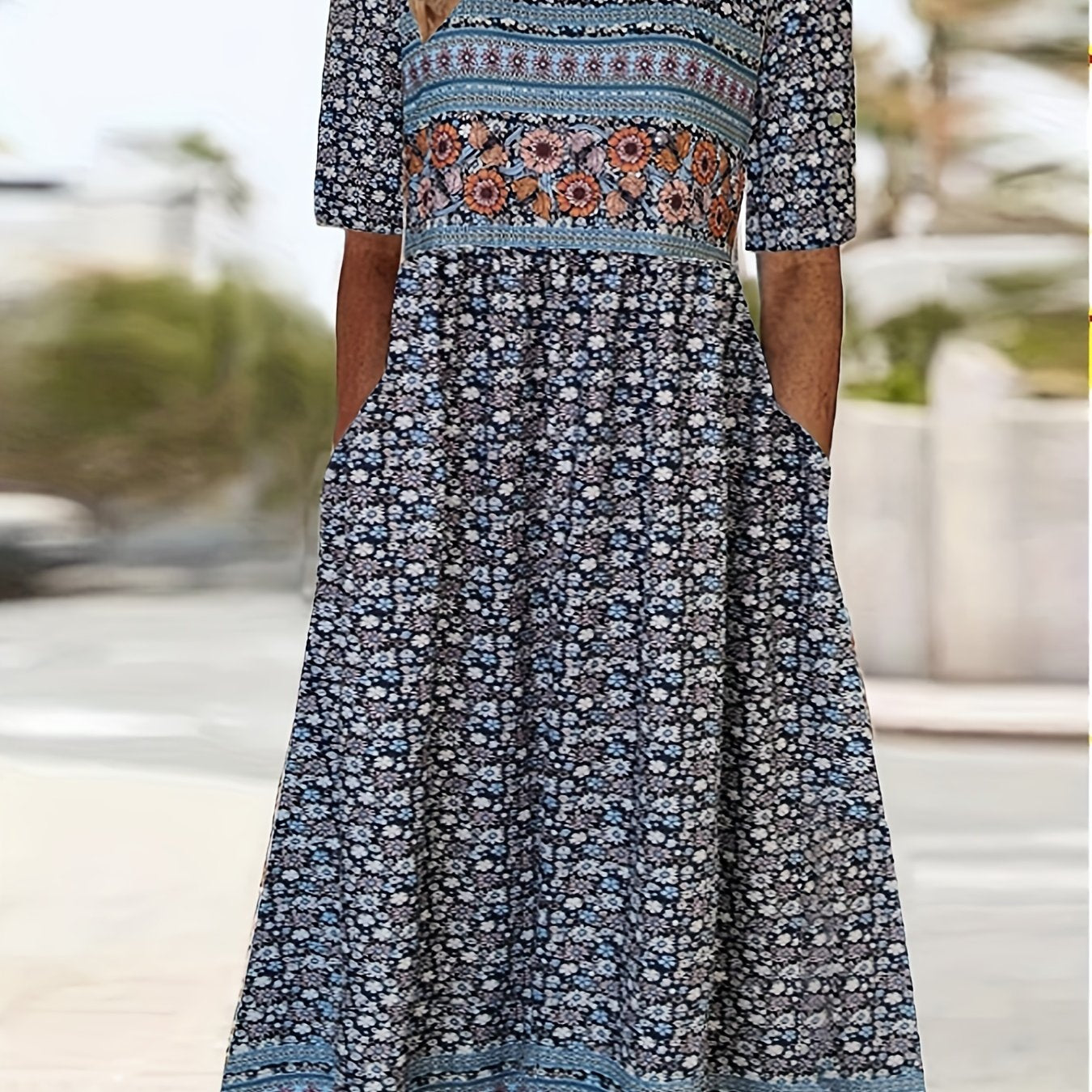 Plus Size Boho Charm - Vibrant Color block Floral Maxi Dress