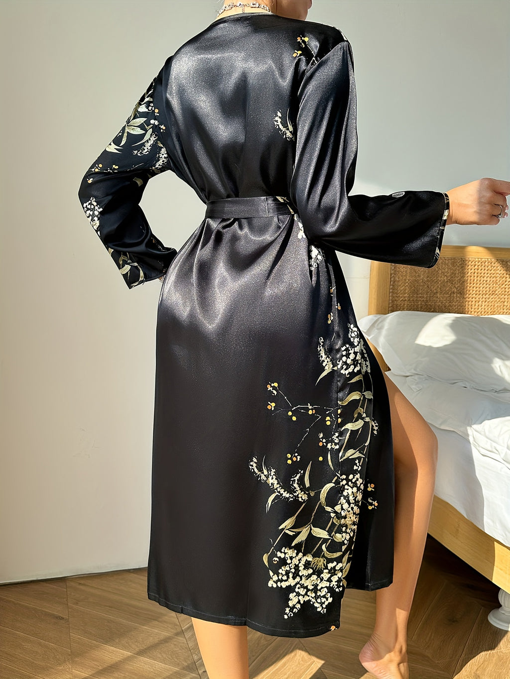 Luxurious Floral Satin Night Robes - Women's Long Sleeve V Neck
