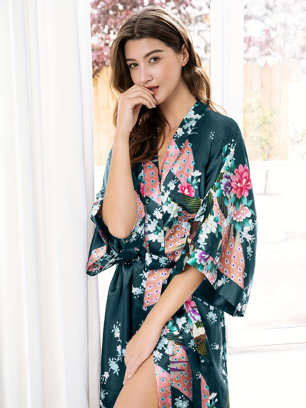 Women's Kimono Robe Long Satin Robes with Peacock/Blossoms Kimono Gown
