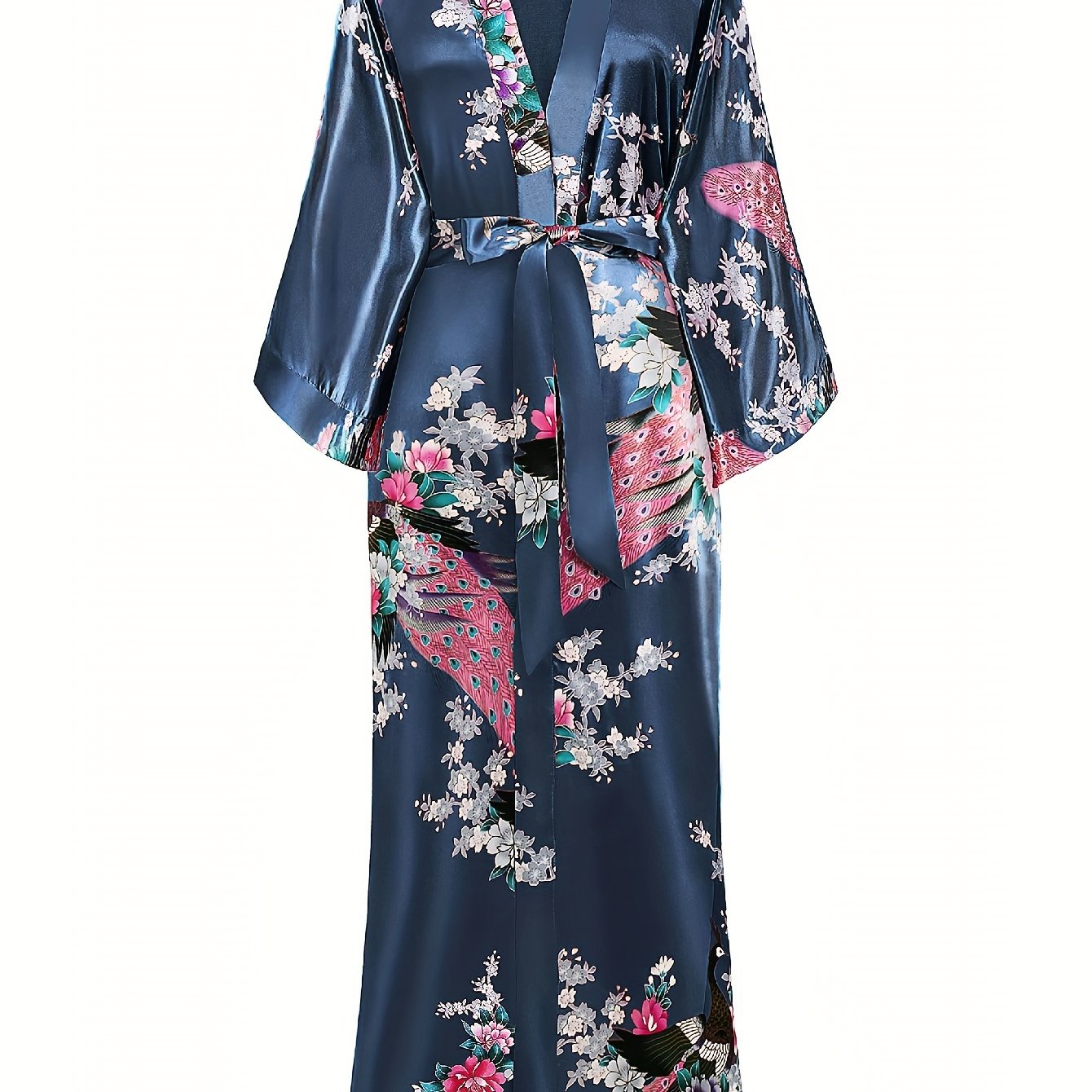Women's Kimono Robe Long Satin Robes with Peacock/Blossoms Kimono Gown