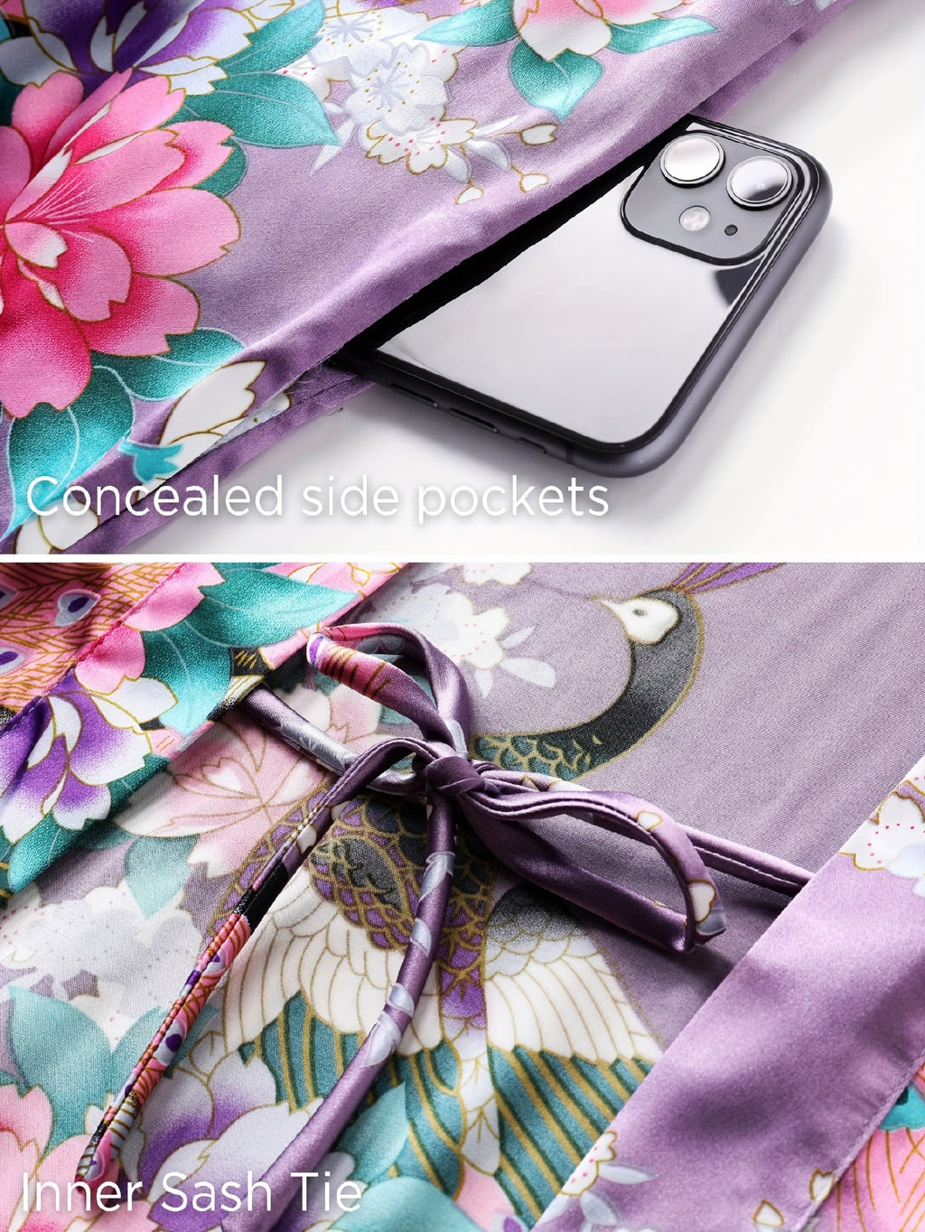 Women's Kimono Robe Long Satin Robes with Peacock/Blossoms Kimono Gown