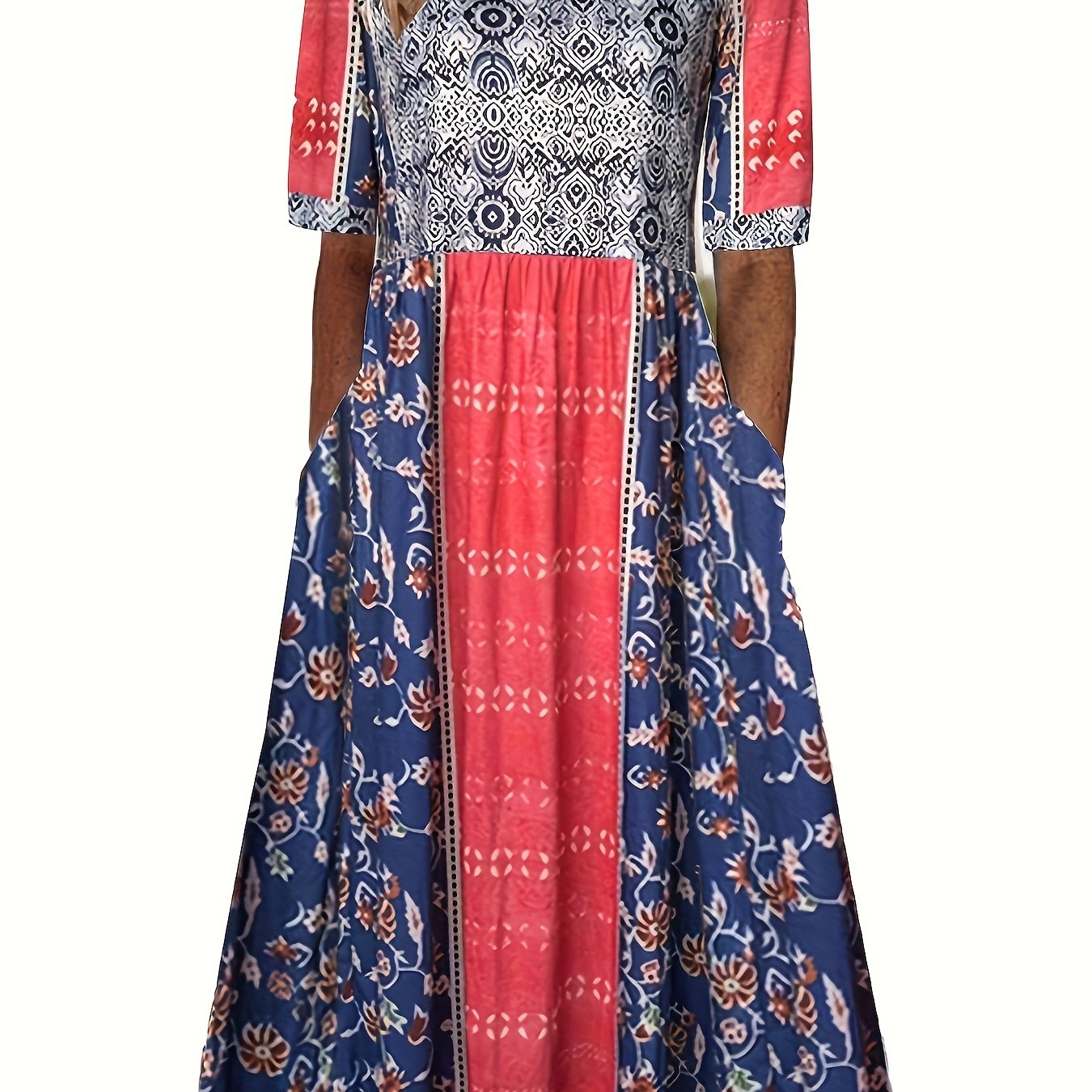 Plus Size Boho Charm - Vibrant Color block Floral Maxi Dress
