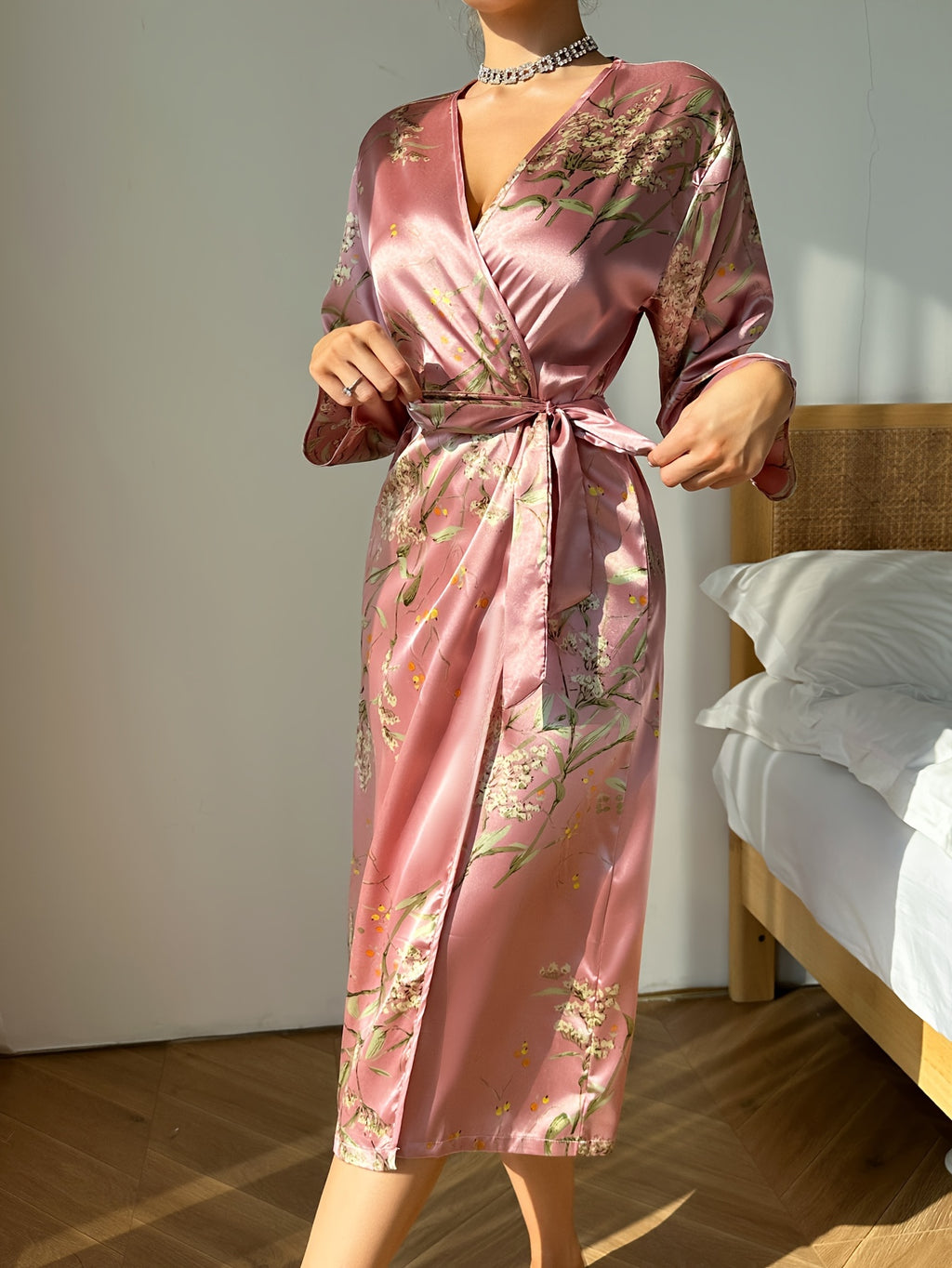 Luxurious Floral Satin Night Robes - Women's Long Sleeve V Neck