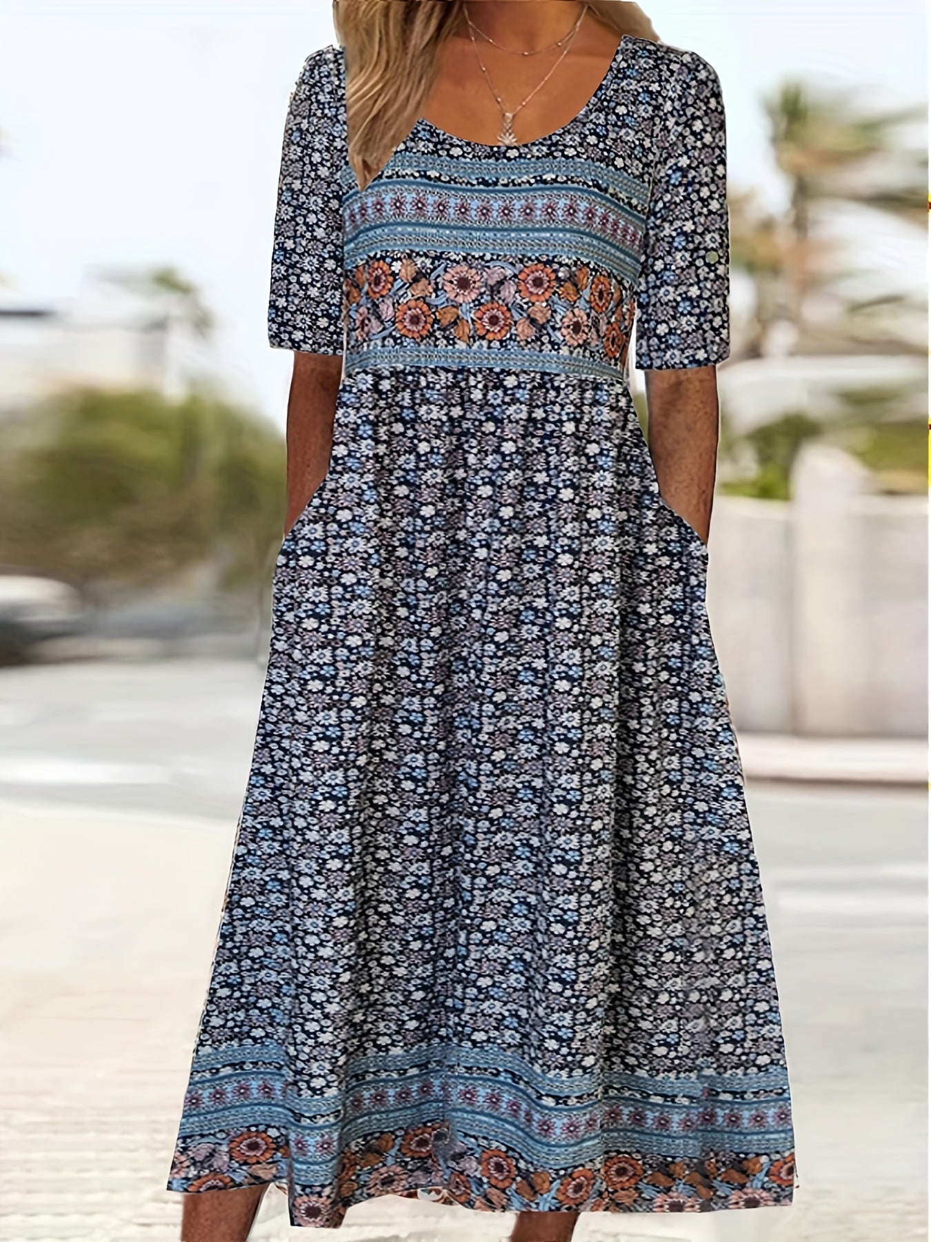 Plus Size Boho Charm - Vibrant Color block Floral Maxi Dress