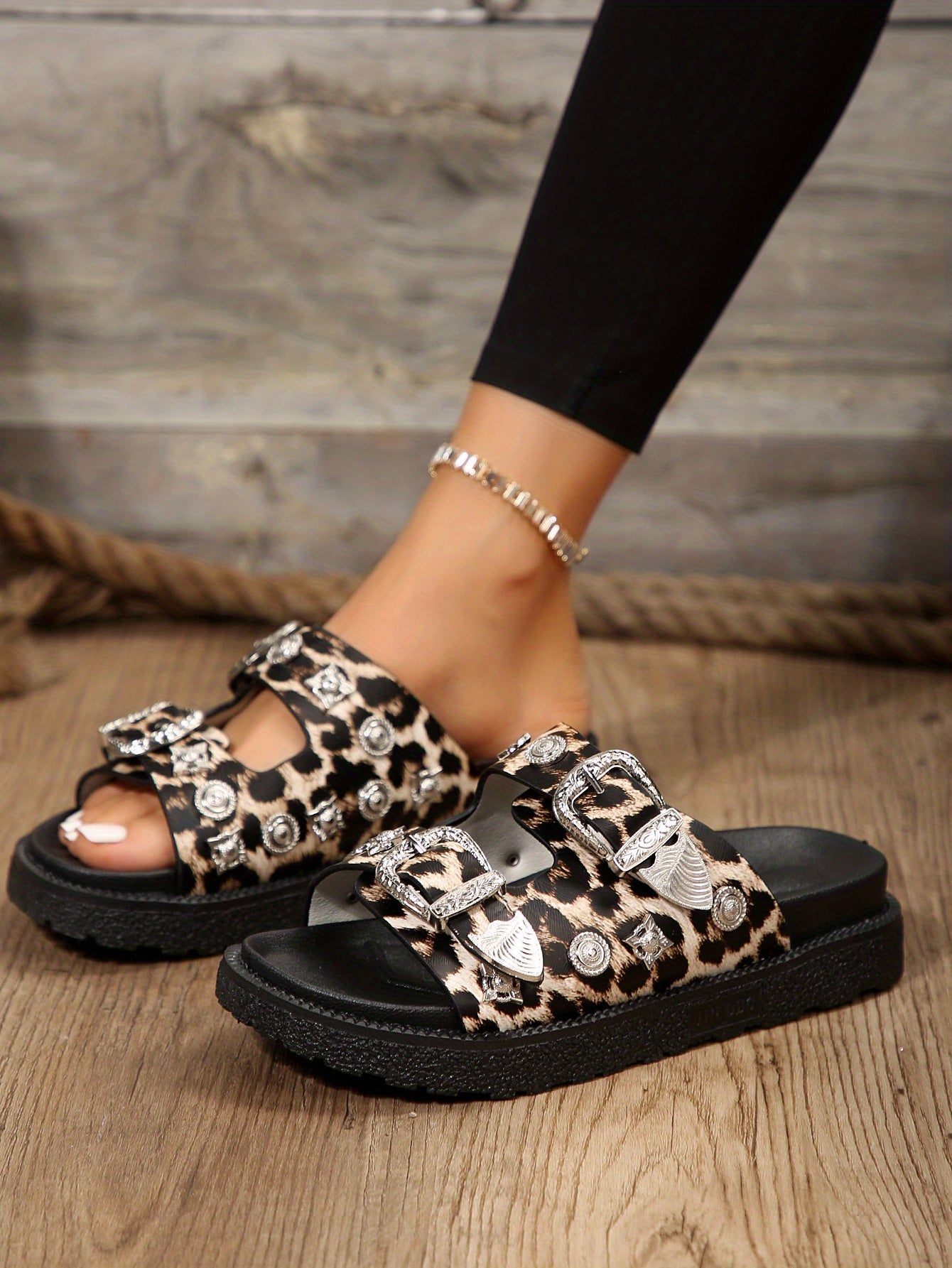 Women's Round-Toe Mule Fashion Double Buckle Platform