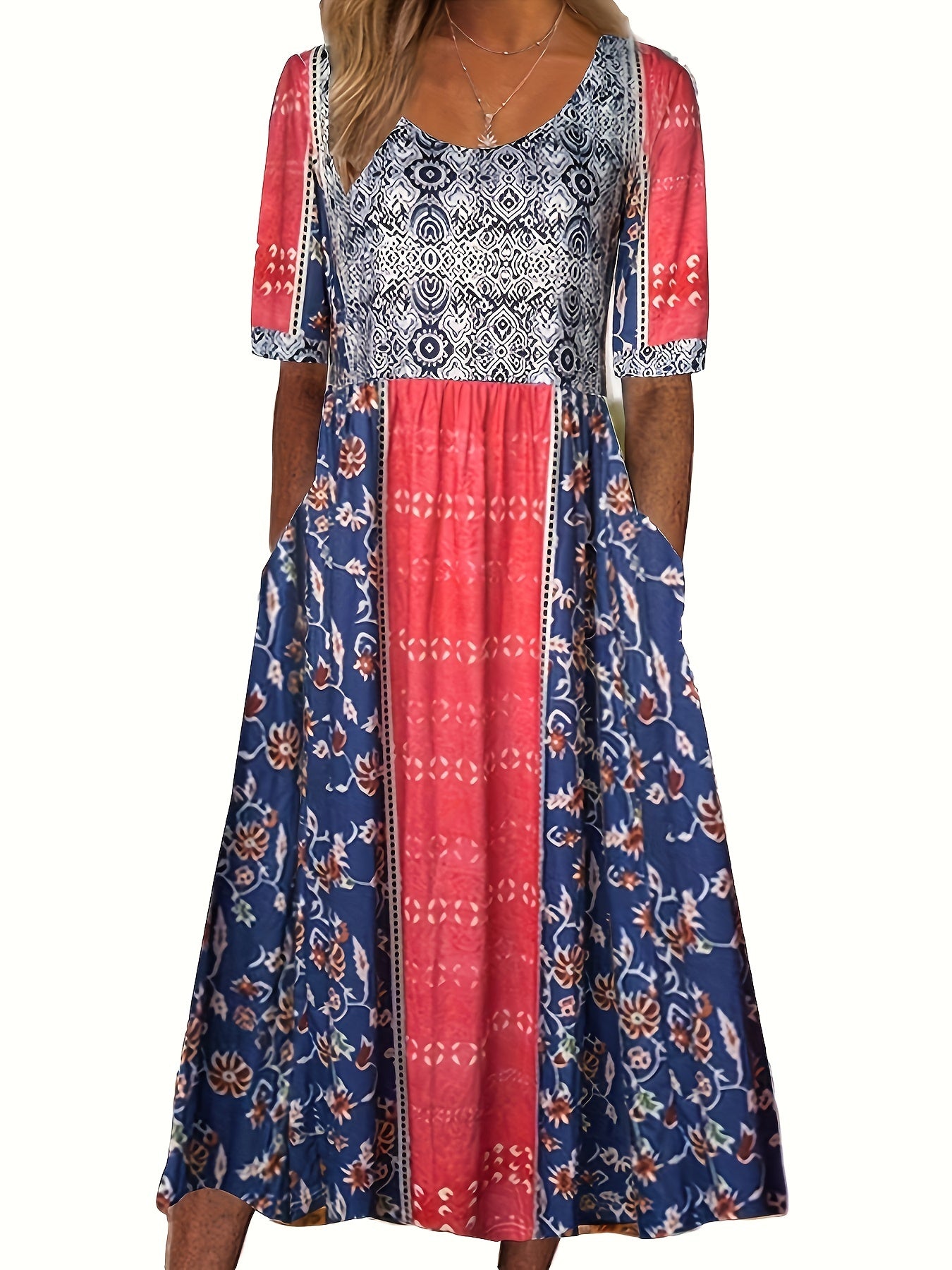 Plus Size Boho Charm - Vibrant Color block Floral Maxi Dress