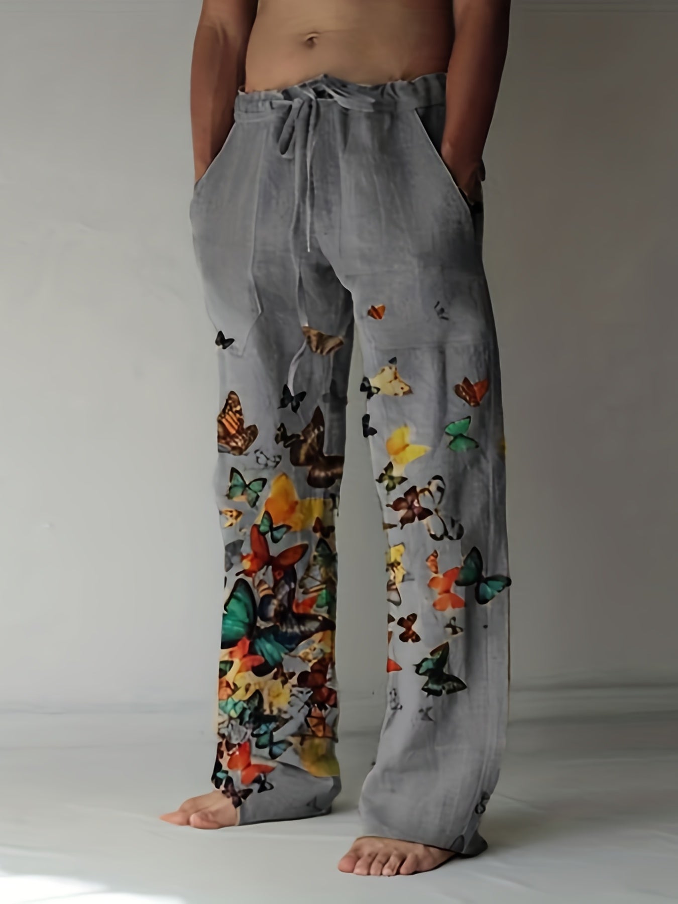 Men's Butterfly Pattern Straight Leg Pants - Casual Beach Trousers