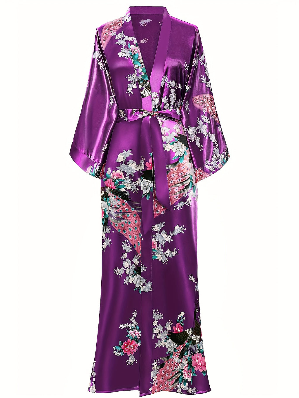 Women's Kimono Robe Long Satin Robes with Peacock/Blossoms Kimono Gown