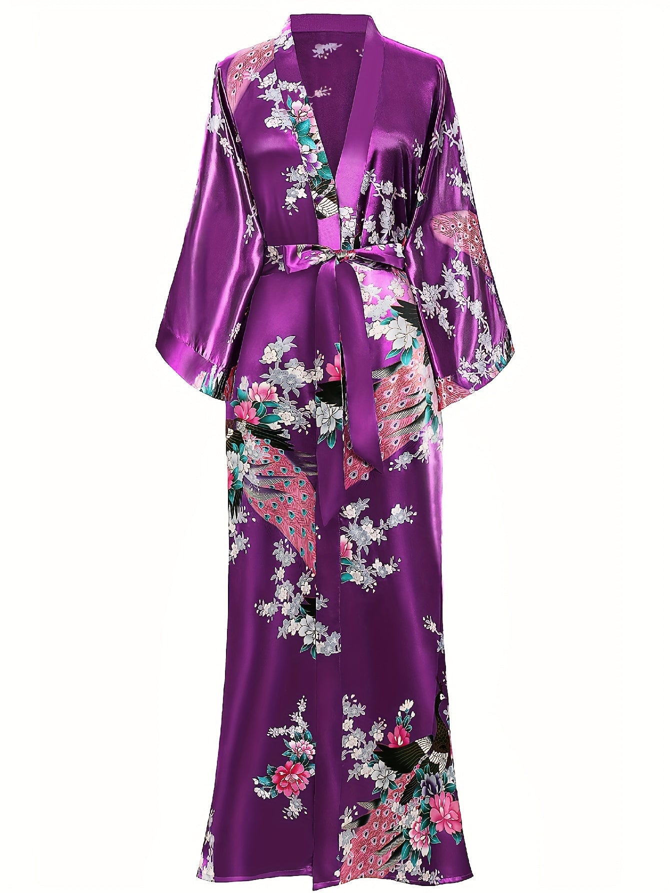 Women's Kimono Robe Long Satin Robes with Peacock/Blossoms Kimono Gown