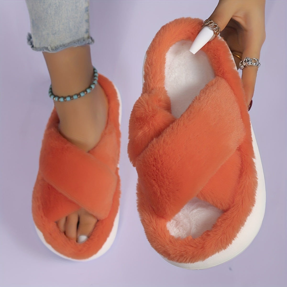 Women'S Plush Faux Fur Slippers with Thick EVA Sole