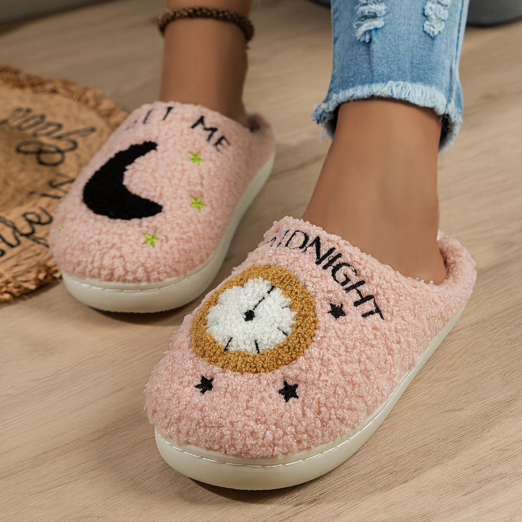 Cozy Women's Midnight Moon Clock Closed Toe Fuzzy Slippers