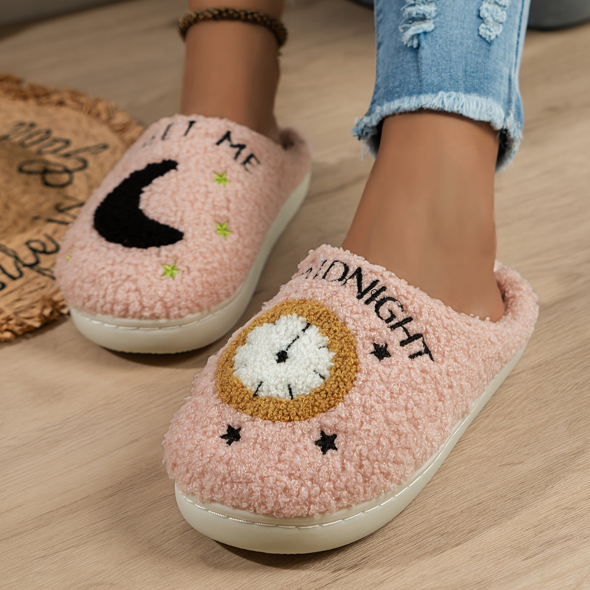 Cozy Women's Midnight Moon Clock Closed Toe Fuzzy Slippers