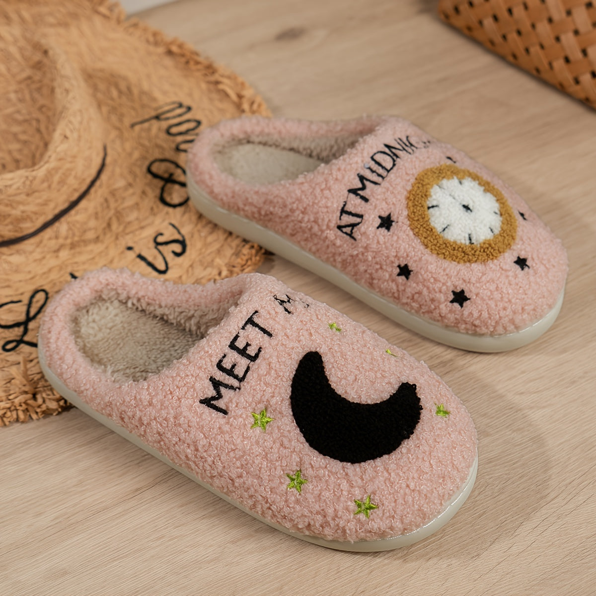 Cozy Women's Midnight Moon Clock Closed Toe Fuzzy Slippers
