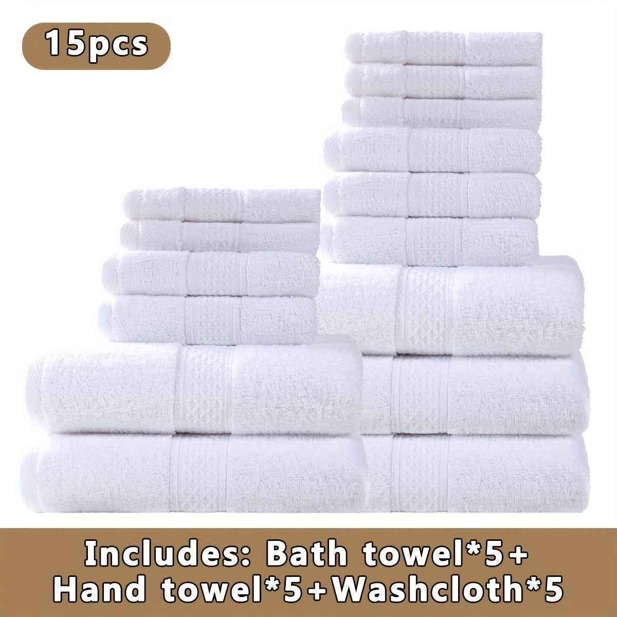 15pcs 100% Cotton Bath Towel Set, 5 Bath Towels 5 Hand Towels 5 Washcloths