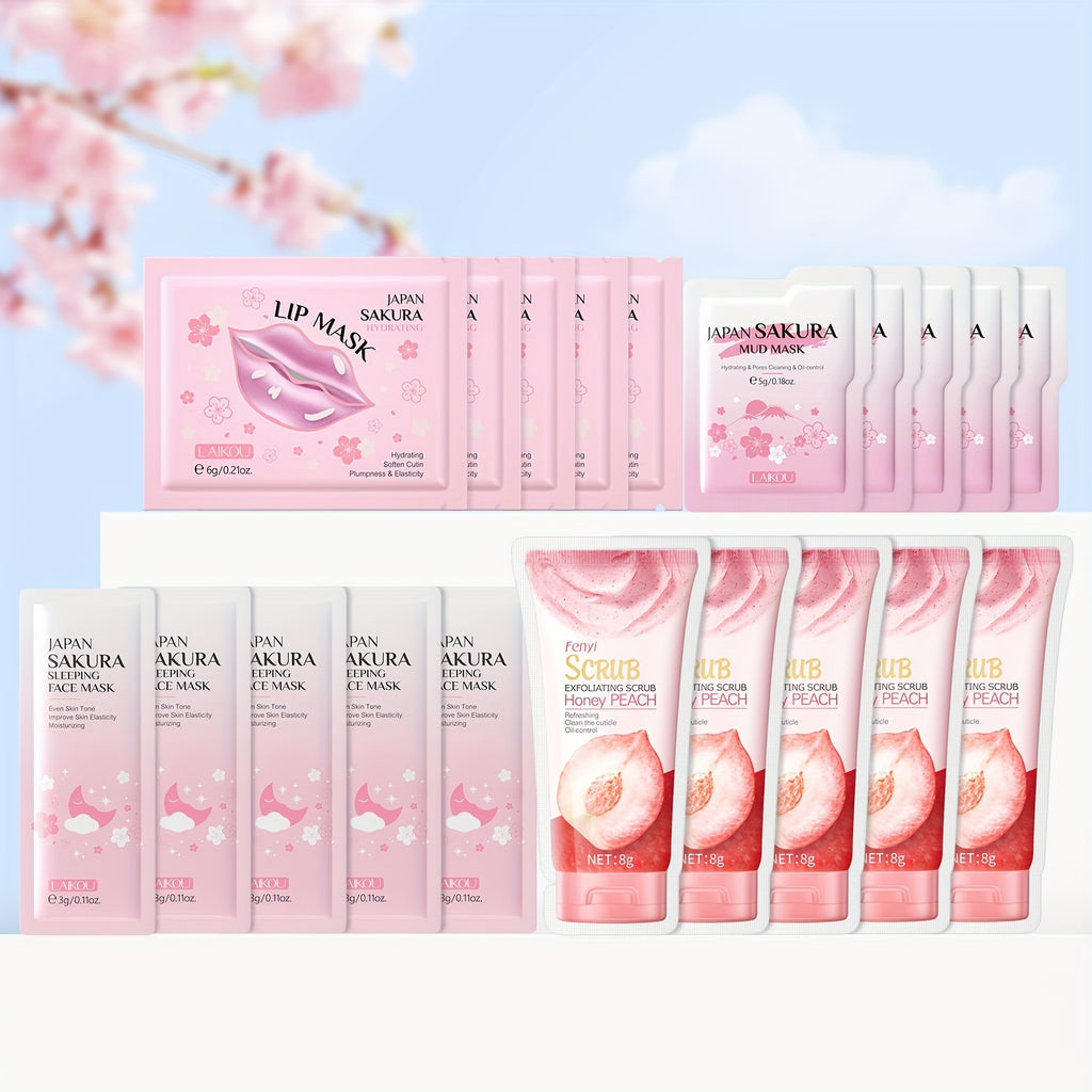 LAIKOU Japanese Sakura Skin Care Set - Unisex Adult 20-Piece Travel Kit with Sleeping Mask