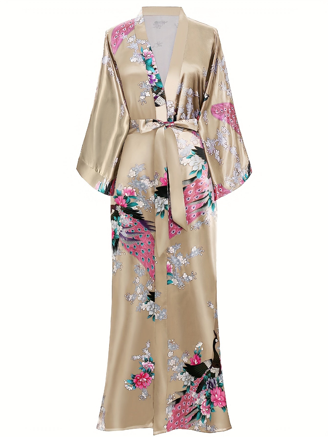 Women's Kimono Robe Long Satin Robes with Peacock/Blossoms Kimono Gown