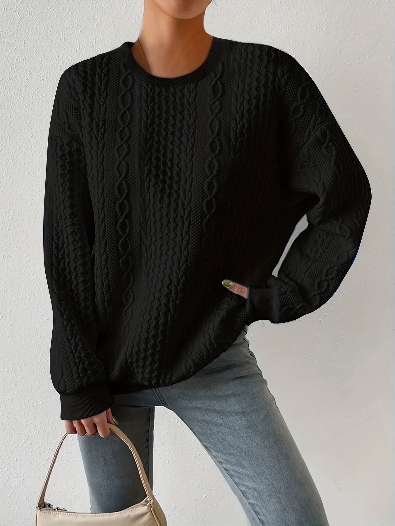Loose Fit Women's Casual Textured Round Neck Pullover Sweatshirt
