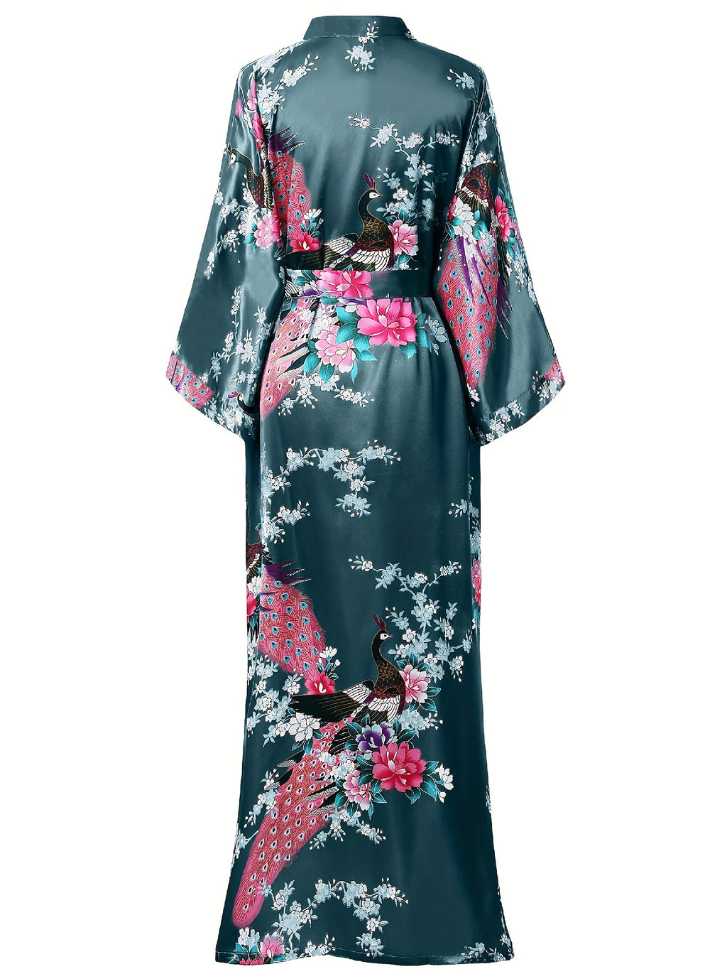 Women's Kimono Robe Long Satin Robes with Peacock/Blossoms Kimono Gown