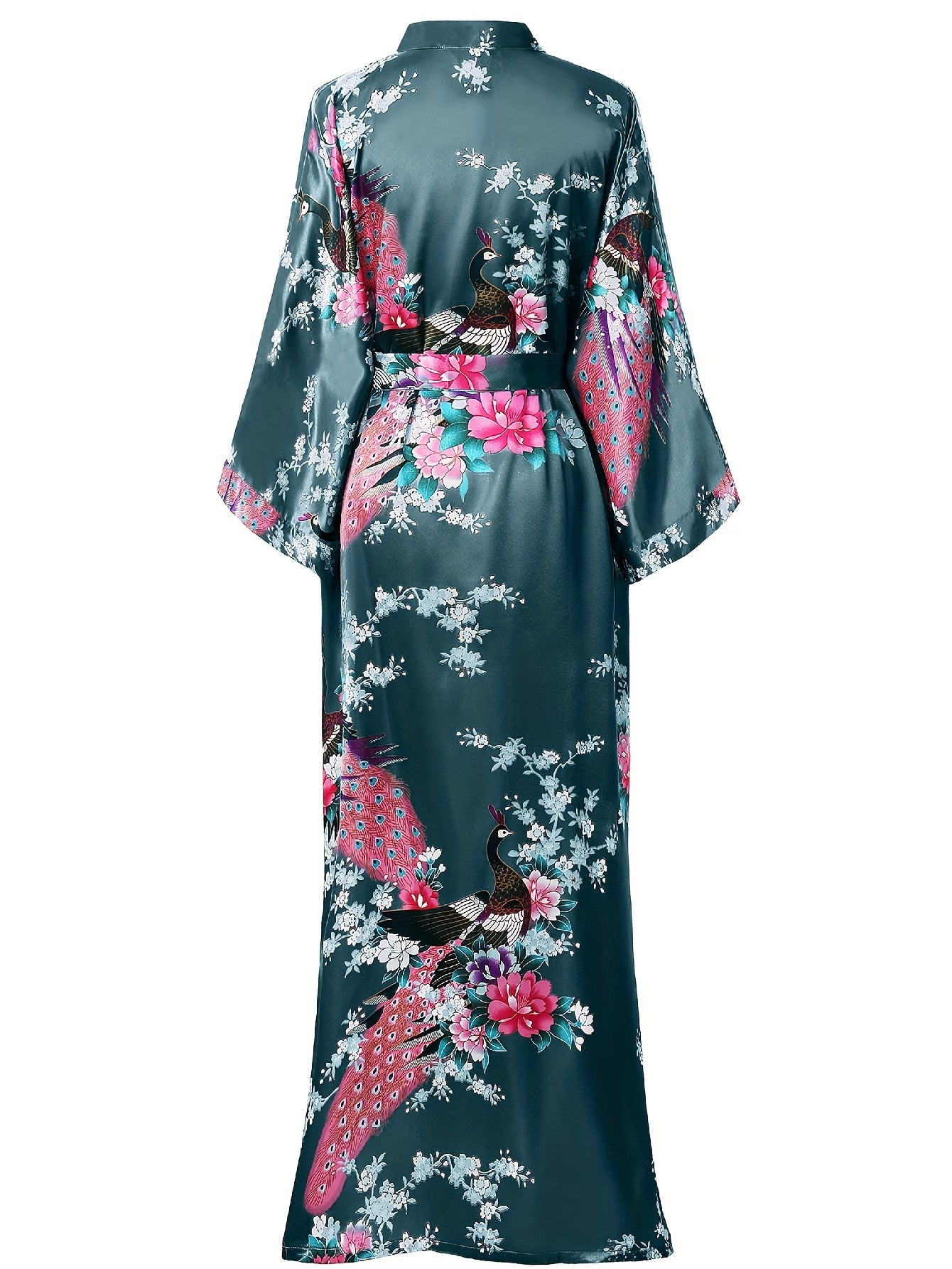 Women's Kimono Robe Long Satin Robes with Peacock/Blossoms Kimono Gown