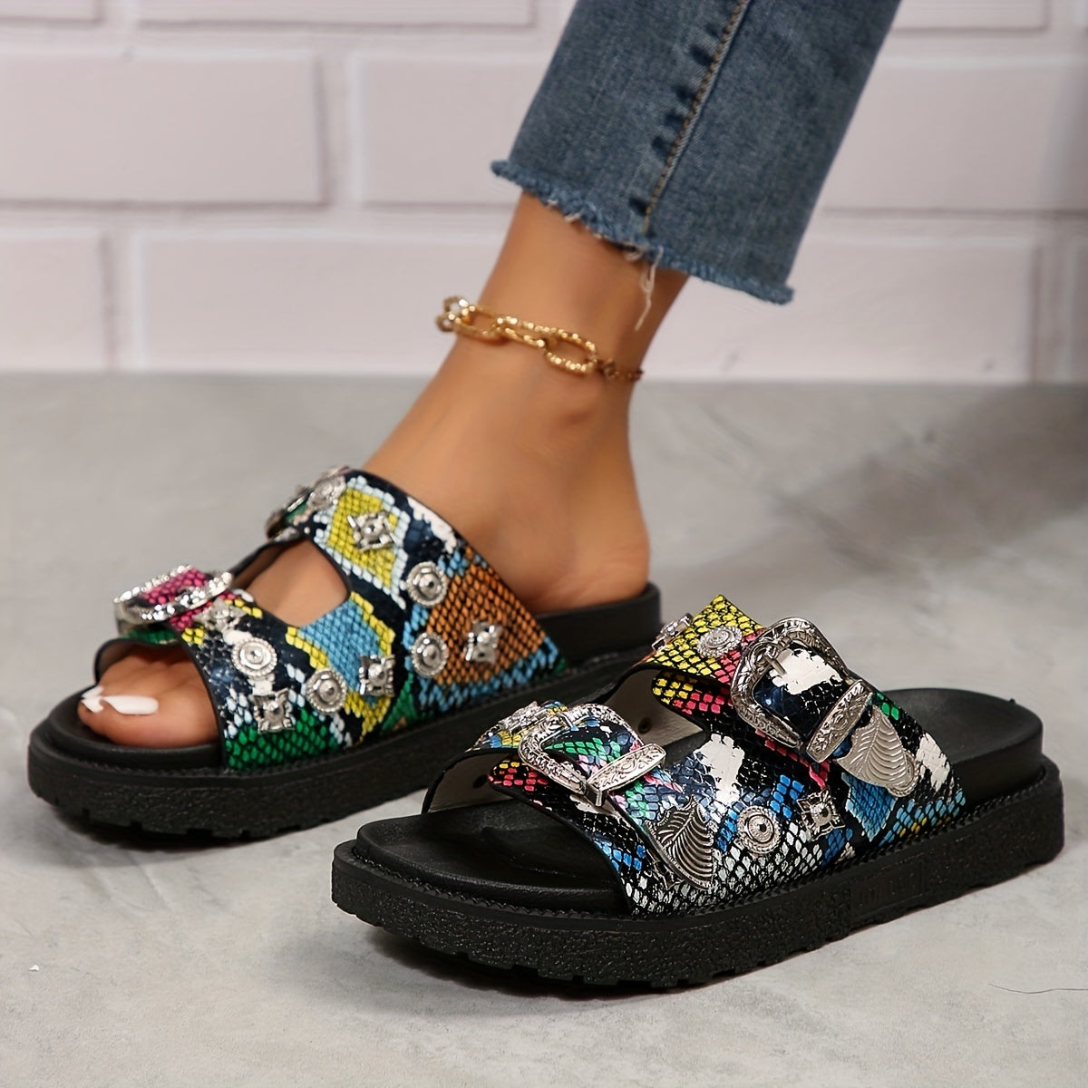Women's Round-Toe Mule Fashion Double Buckle Platform
