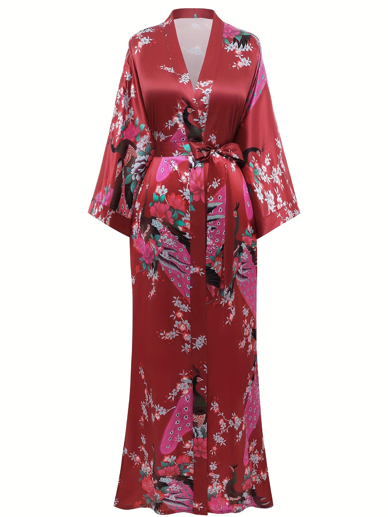 Women's Kimono Robe Long Satin Robes with Peacock/Blossoms Kimono Gown