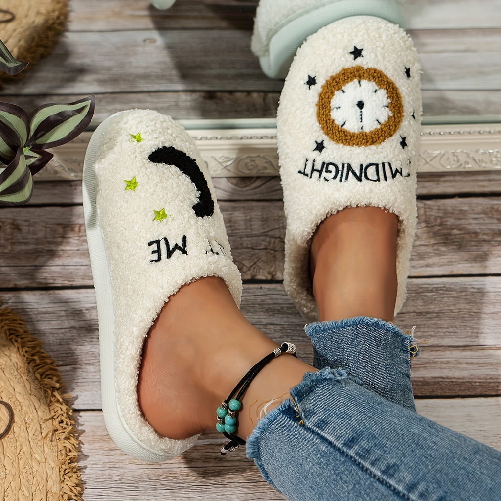Cozy Women's Midnight Moon Clock Closed Toe Fuzzy Slippers