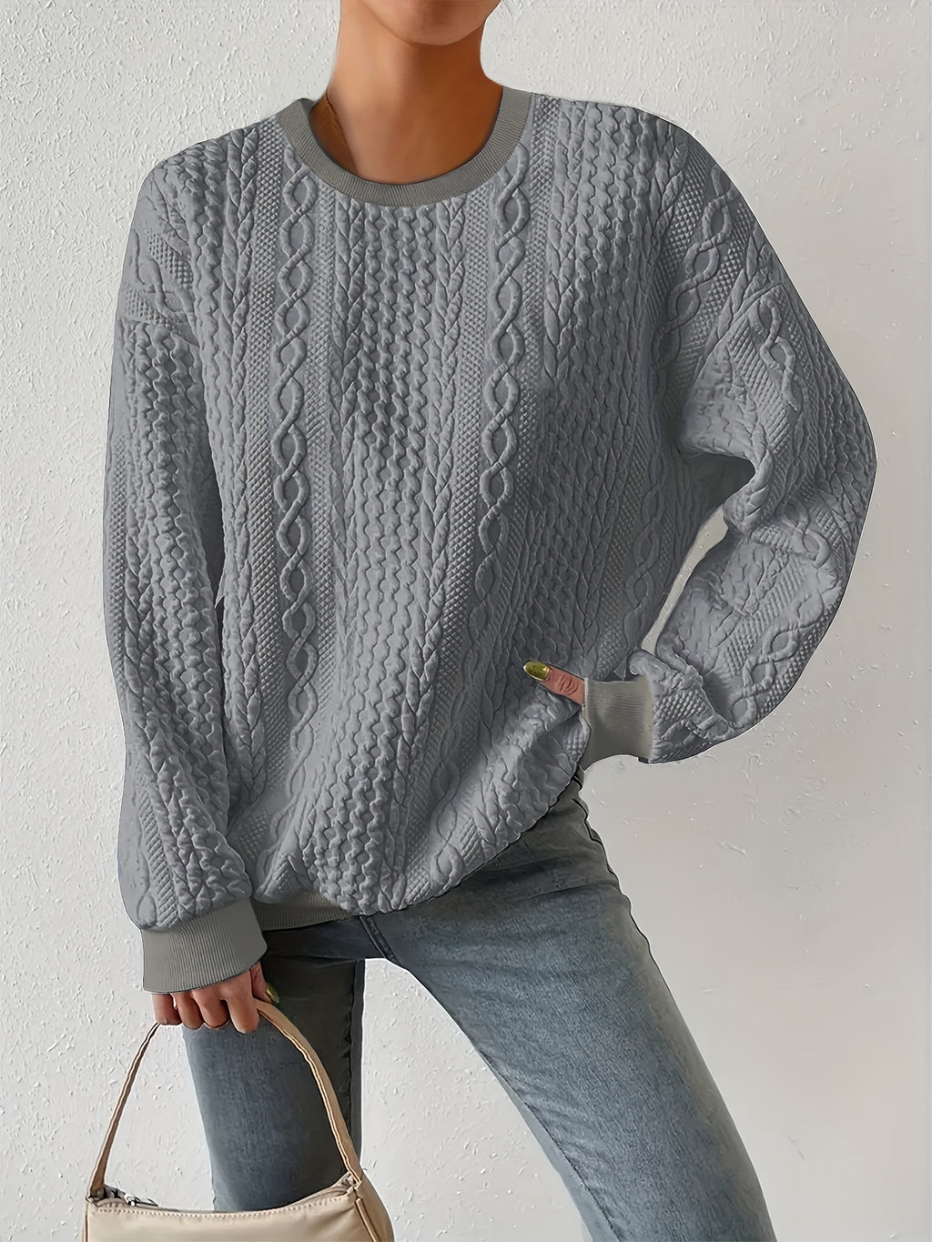 Loose Fit Women's Casual Textured Round Neck Pullover Sweatshirt
