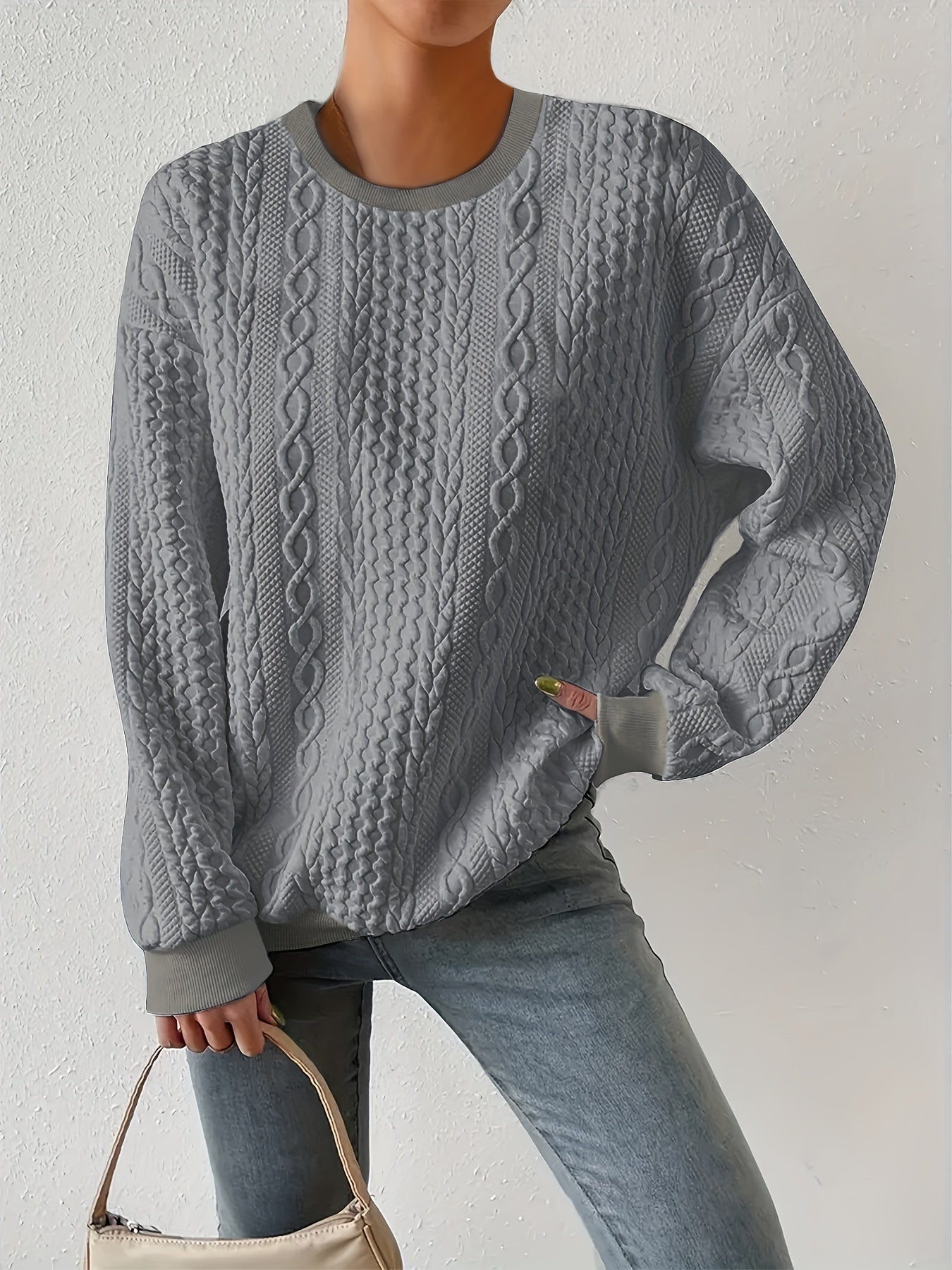 Loose Fit Women's Casual Textured Round Neck Pullover Sweatshirt