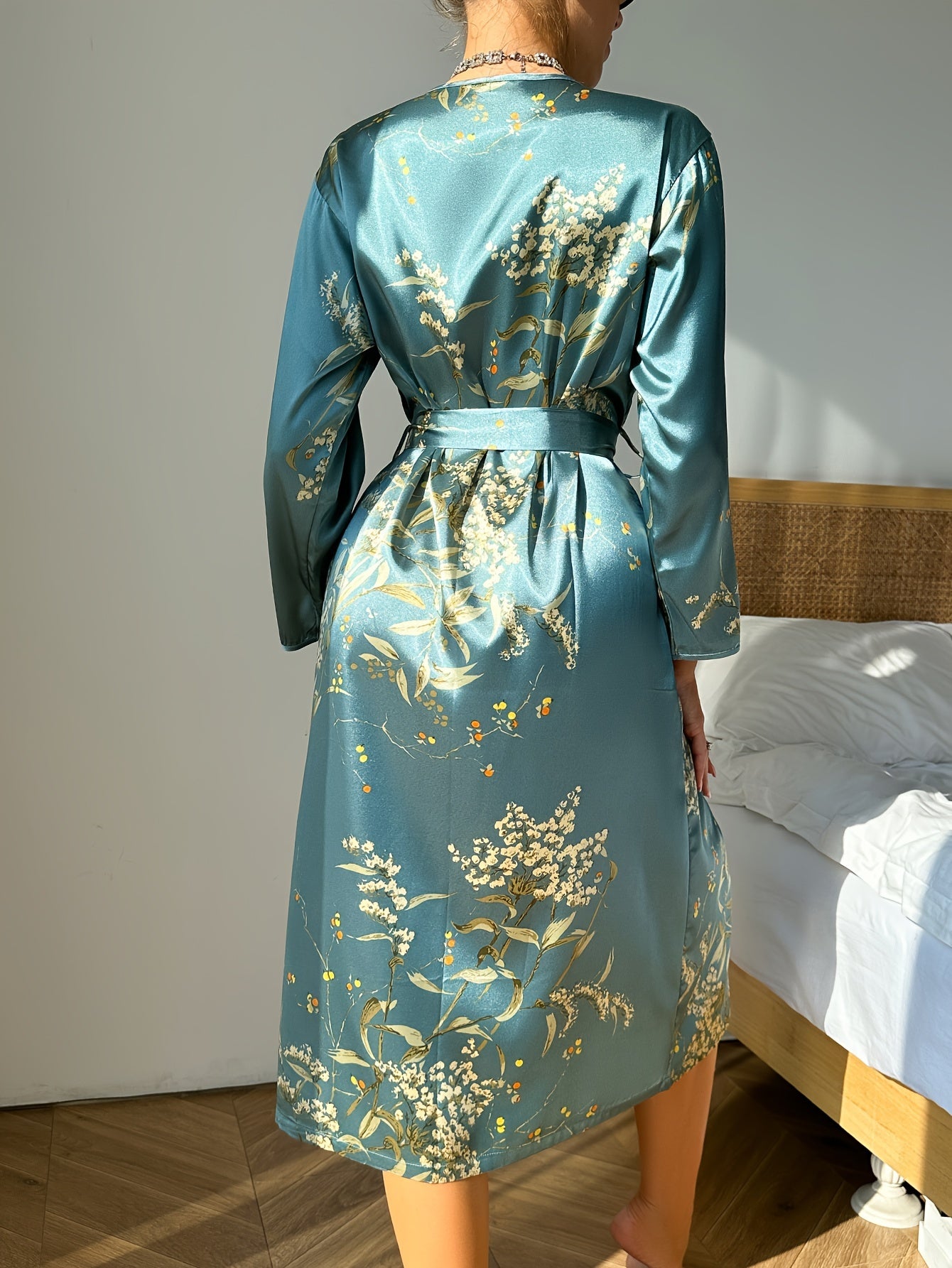 Luxurious Floral Satin Night Robes - Women's Long Sleeve V Neck