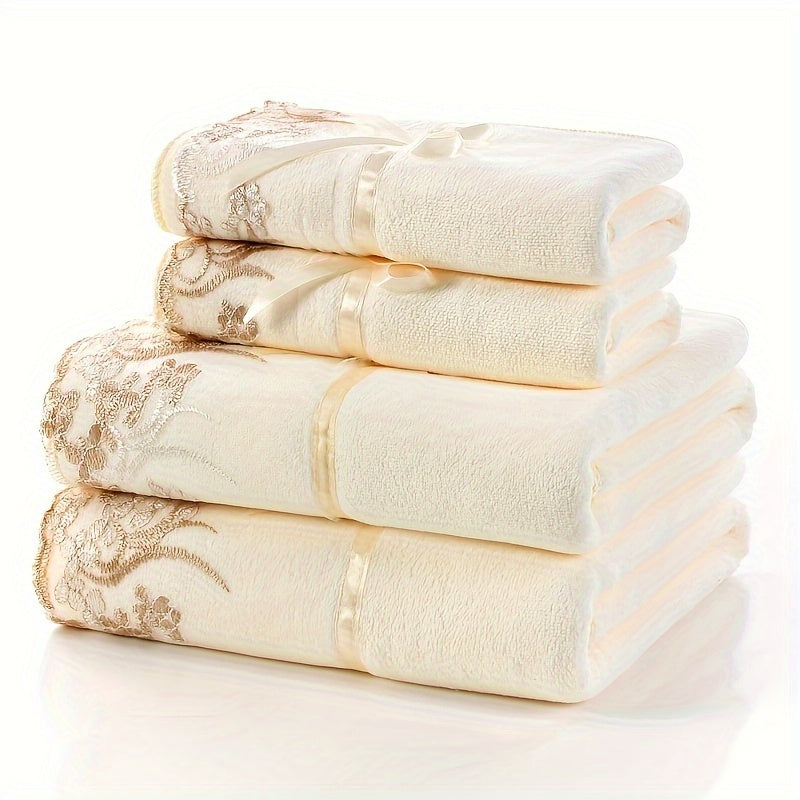 4pcs Floral Embroidered Towel Set, Ultra-Fine Fiber Towels