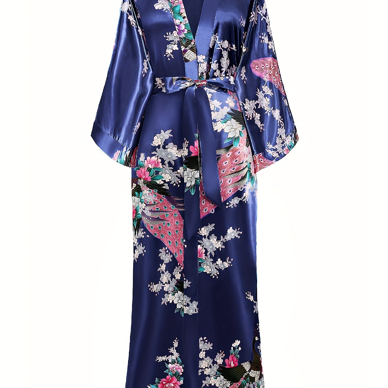 Women's Kimono Robe Long Satin Robes with Peacock/Blossoms Kimono Gown