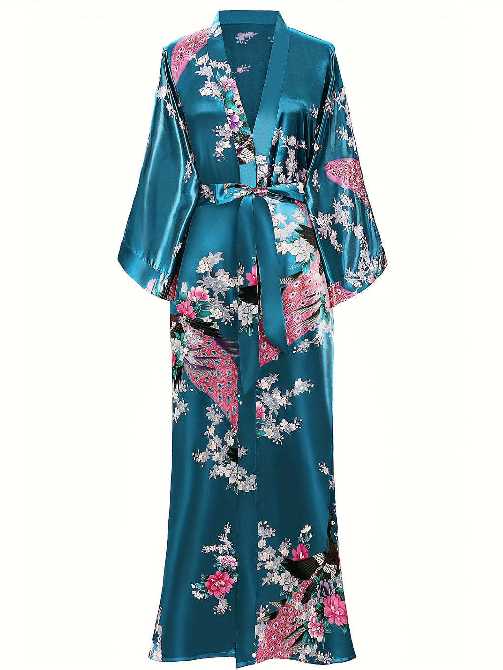 Women's Kimono Robe Long Satin Robes with Peacock/Blossoms Kimono Gown
