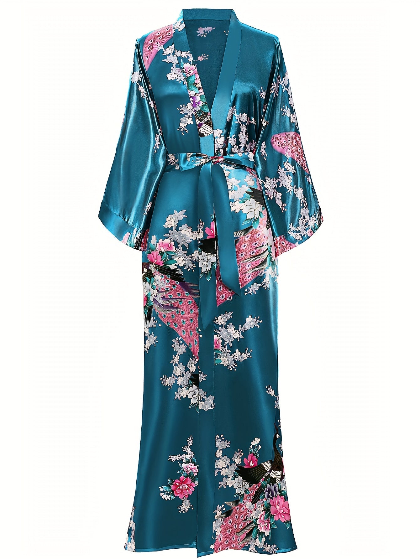 Women's Kimono Robe Long Satin Robes with Peacock/Blossoms Kimono Gown