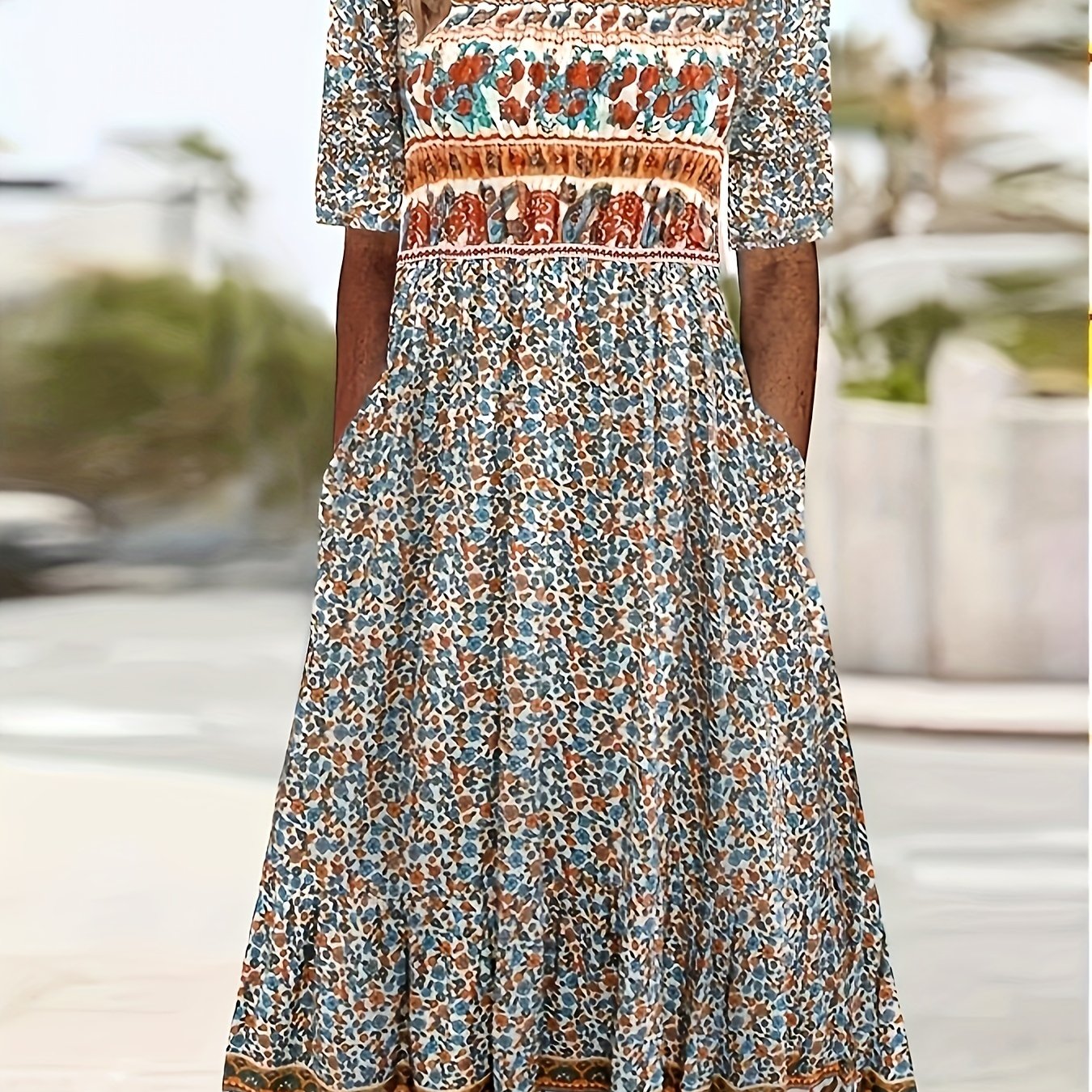 Plus Size Boho Charm - Vibrant Color block Floral Maxi Dress